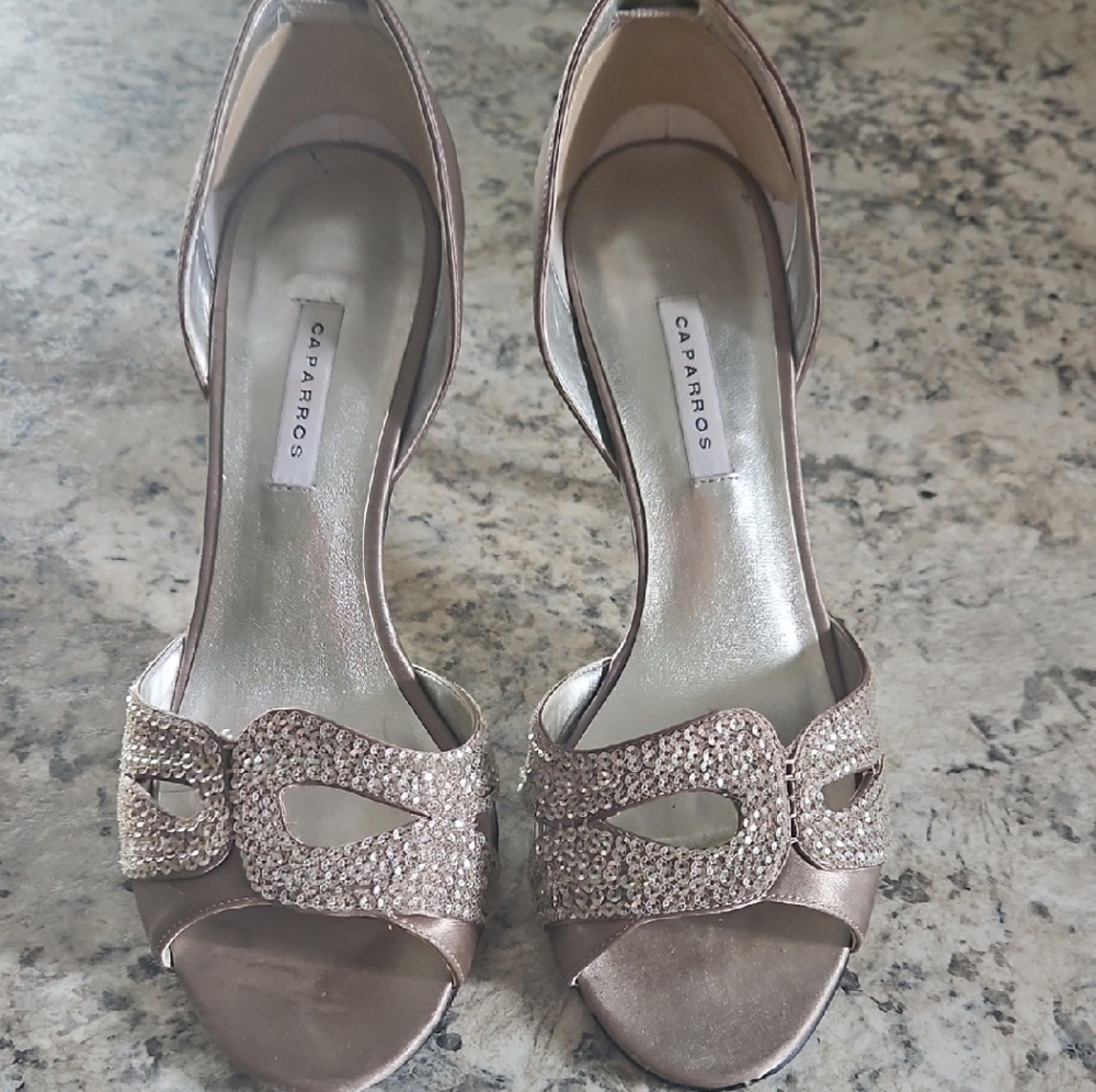 Caparros Gold Tan Heels with Crystal Bow